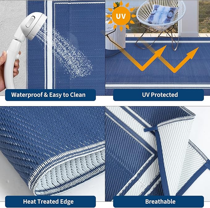 Waterproof Outdoor Rug 9x12 Reversible Plastic Straw Rug Modern Bordered Large Floor Carpet UV Resistant Camping Mat for Outsides RV Patio Backyard Picnic Deck Blue/White