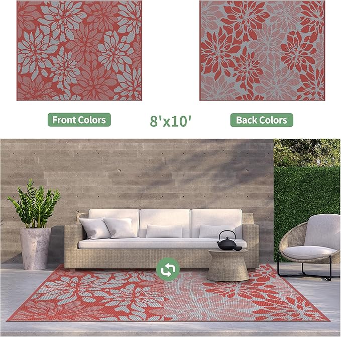 GENIMO Outdoor Rug Waterproof for Patio Decor, 8' x 10' Reversible Plastic Straw Floral Camping Carpet, Large Area Rugs Mats for RV, Camper, Deck, Balcony, Porch, Beach, Picnic, Red & Grey