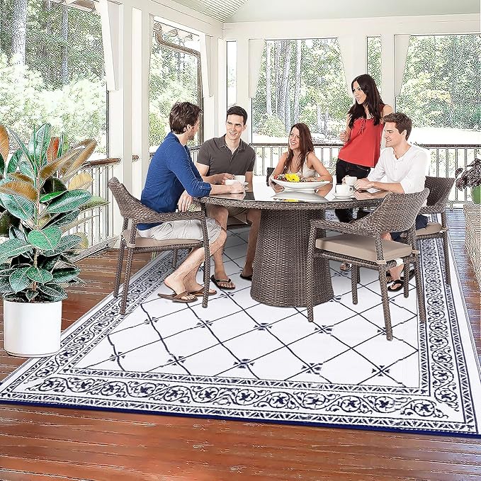 HiiARug Outdoor Rug 8'x10' for Patios Waterproof Patio Rugs Outdoor Mats for Front Porch,Beach Mat,Reversible Plastic Straw Camping Rugs for Outside RV,Deck,Balcony,Backyard Navy Blue