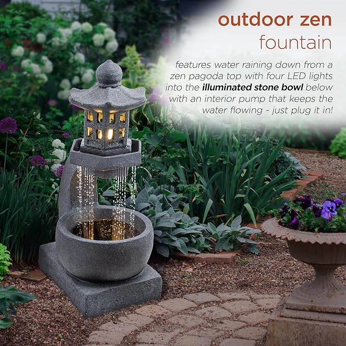 Alpine Corporation DIG370 31" Outdoor Zen Pagoda Water Fountain with LED Lights & Illuminated Stone Bowl – Tranquil Garden Water Feature for Relaxation and Ambiance, Gray