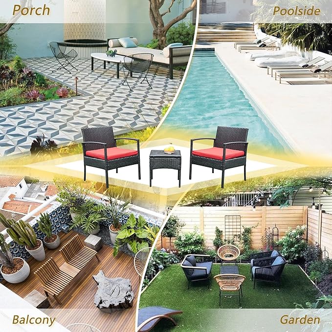 PROHIKER 3 PCS Patio Rattan Conversation Chairs Set, Outdoor Patio Furniture Balcony Furniture Set, Wicker Patio Bistro Set for Garden Porch Balcony Yard, Red
