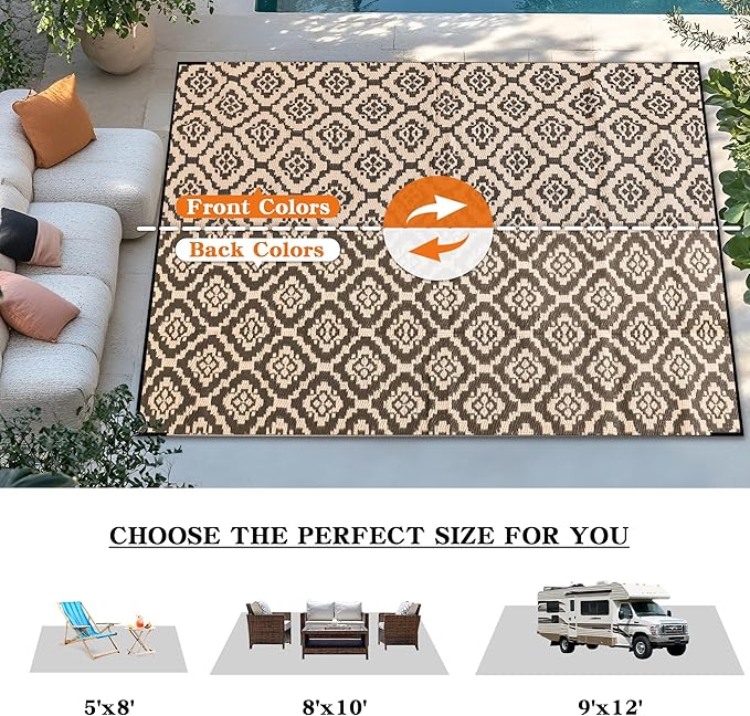 Wallona Outdoor Rugs 5x8 ft Patio Waterproof Clearance Indoor Outdoor Carpet for Patio Plastic Straw Reversible Area Rugs Mat for RV, Camping, Balcony, Beach, Picnic, Porch, Brick Black & Beige