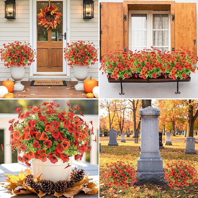 MACTING Fall Artificial Flowers for Outdoors 12 Bundles Fake Pansies UV Resistant Outdoor Faux Plants Plastic Greenery Shrubs for Planters Garden Patio Porch Balcony Outside Autumn Thanksgiving Decor