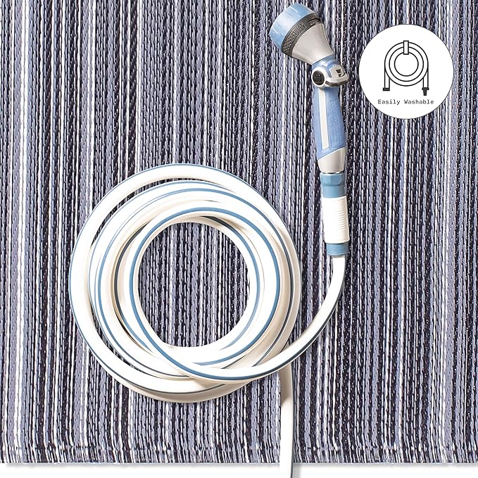 Fab Habitat Outdoor Rug - Waterproof, Fade Resistant, Crease-Free - Premium Recycled Plastic - Striped - Large Patio, Deck, Sunroom, Camping, RV - Cancun - Midnight - 6 x 9 ft