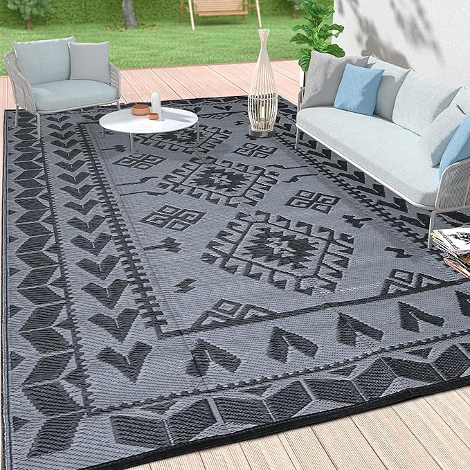 Pendolr Outdoor Rug 9’x12’ for Patios Clearance Waterproof Carpet Large RV Rugs Camping Rug Reversible Outside Rug for Patio Balcony Deck Backyard Picnic Beach Black&Gray 04#