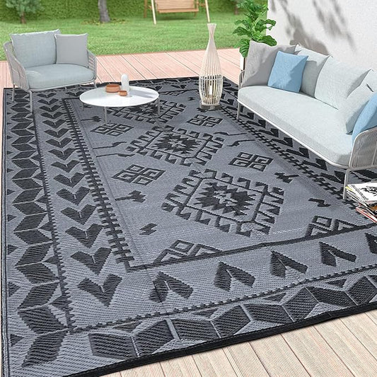 Pendolr Outdoor Rug 9’x12’ for Patios Clearance Waterproof Carpet Large RV Rugs Camping Rug Reversible Outside Rug for Patio Balcony Deck Backyard Picnic Beach Black&Gray 04#