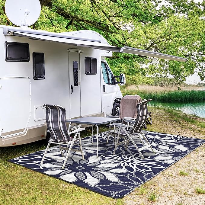 GENIMO Outdoor Rug Waterproof for Patio Decor, 5' x 8' Reversible Plastic Straw Floral Camping Carpet, Large Area Rugs Mats for RV, Camper, Deck, Balcony, Porch, Beach, Picnic, Blue & White