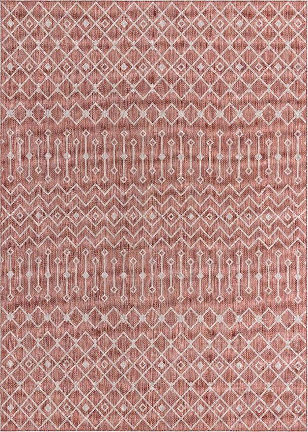 Unique Loom Outdoor Trellis Collection Area Rug - Tribal Trellis (10' x 14' 1" Rectangle, Rust Red/ Ivory)