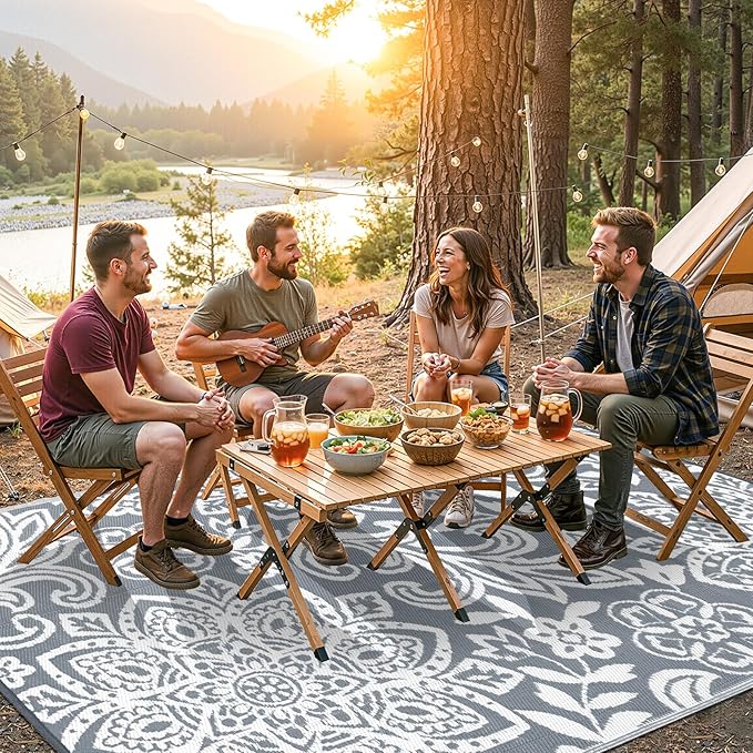 Findosom Waterproof Outdoor Rug 9' x 12' - Reversible Mandala Outdoor Plastic Straw Rug, Durable Foldable Patio Rug for RV, Deck, Balcony, Backyard, Picnic, Porch, Camping, Beach, Gray