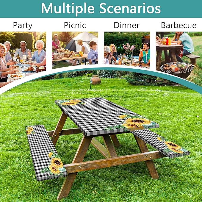 Picnic Table Cover with Bench Covers and Bag, Outdoor Waterproof Windproof Tablecloth with Elastic Edges. Camping Accessories RV Gear Campers 96x30 Inches 3 Pcs Set Black-White Checkered