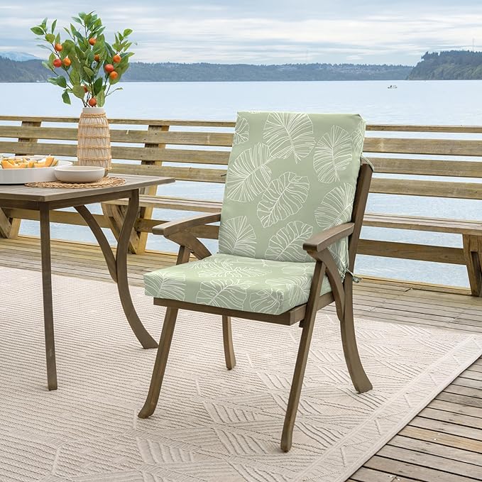 Arden 4-Pack Outdoor Patio Dining Chair Cushion, 20x44, Rain-Proof Seat Pad, Fade-Resistant Outdoor Cushion Coastal Green Leaf