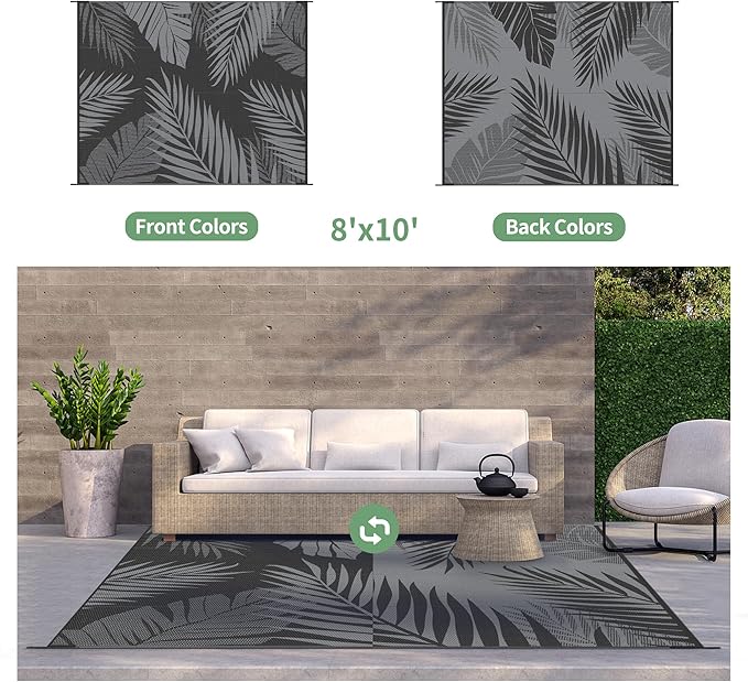 GENIMO Outdoor Rug 8' x 10' Waterproof for Patios Clearance, Reversible Outdoor Plastic Straw Camping Rug Carpet, Large Area Rugs Mats for RV, Camper, Deck, Balcony, Porch, Beach, Picnic, Black&Grey