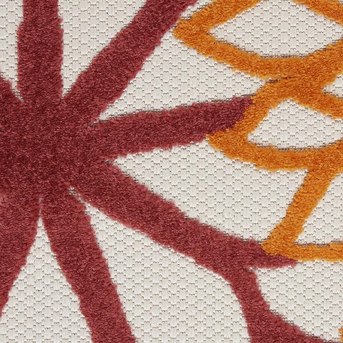 Nourison Home Aloha Indoor/Outdoor Red Multi Colored 4' x Round Area Rug, Tropical, Botanical, Easy Cleaning, Non Shedding, Bed Room, Living Room, Dining Room, Deck, Backyard, Patio (4 Round)