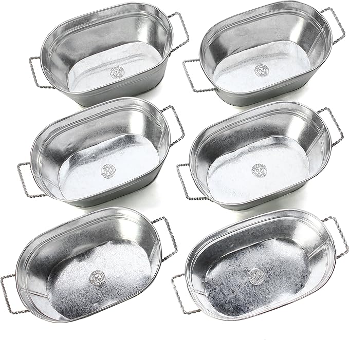 Hosley Set of 6 Oval Galvanized Planter Floral Pot 7.5 Inch Long 3.5 Inch High. Ideal Gift for Floral Arrangements Wedding House Warming Home Office Party and for DIY Garden Patio O4