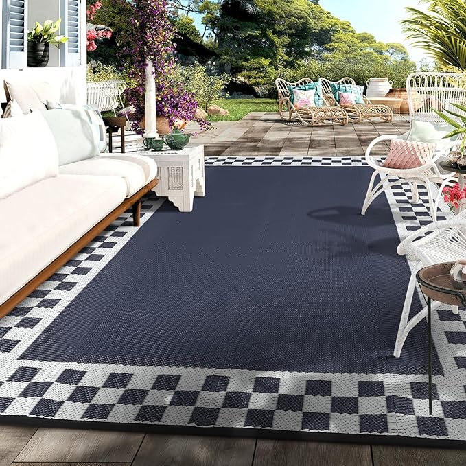 Garvee Outdoor Rug 10x14 Waterproof Fade-Proof Reversible Patio Rug Modern Neutral Outdoor Carpet, Plastic Straw Weather Resistant Large Camping Carpet for Garden Backyard Balcony,Navy & White