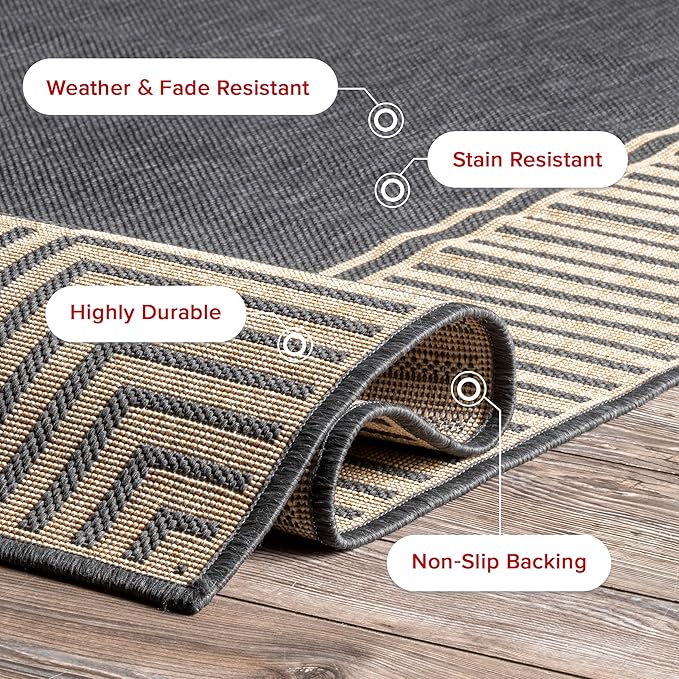 Nuloom Asha Dark Grey/Ivory, 9'6" x 12', Casual, Striped Border, Soft and Cozy, High Traffic, Stain Resistant, Easy Clean, Durable Area Rug for Indoor/Outdoor Patio, Deck, Porch, Garden, Courtyard