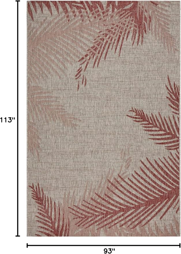 LR Home 8x10 Indoor/Outdoor Area Rug for Home Decor | Coastal Palm Leaf Large Size Carpet for Living Room, Bedroom, Playroom, Patio, Garden | Modern Farmhouse Rug | Red/Beige