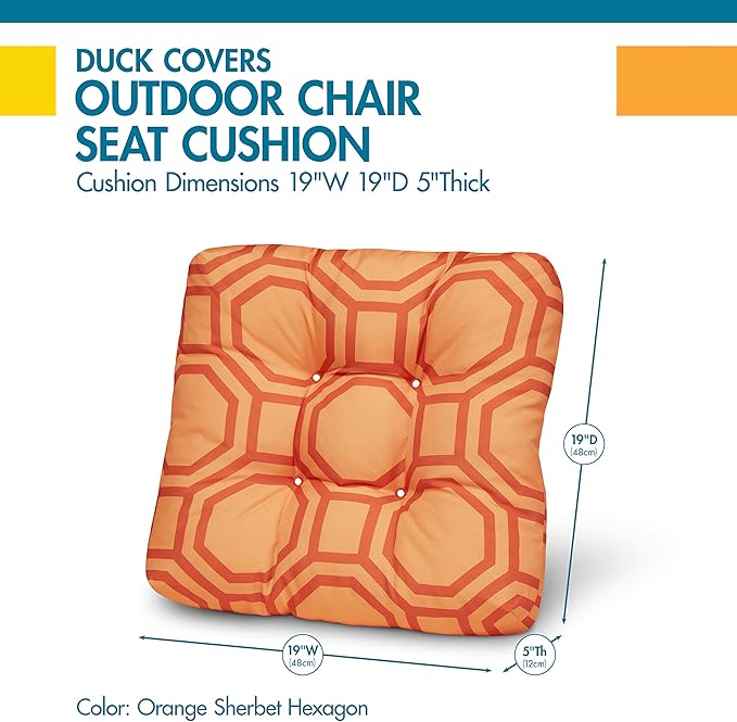 Duck Covers Water-Resistant Indoor/Outdoor Seat Cushions, 19 x 19 x 5 Inch, 2 Pack, Orange Sherbet Hexagon