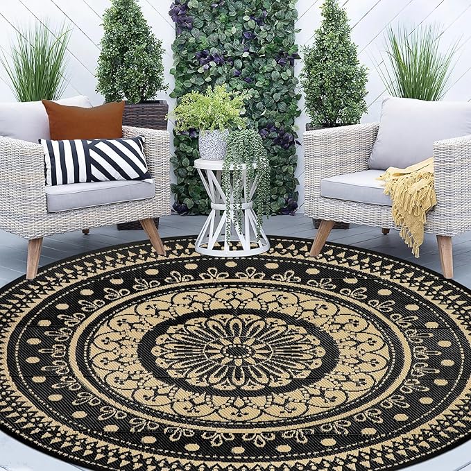 Cekene Round Outdoor Rugs for Patio 8Ft Waterproof Reversible Outdoor Patio Rugs Black Lightweight Plastic Straw Rugs Portable RV Camping Mat Floor Carpet for Deck Porch Picnic BBQ