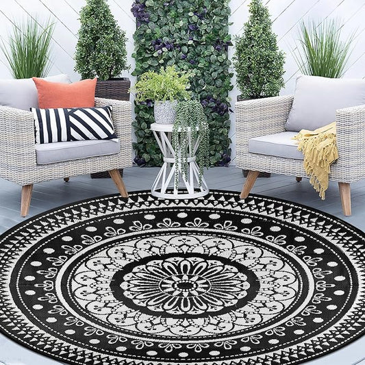 Cekene Round Outdoor Rugs for Patio 8Ft Waterproof Reversible Outdoor Patio Rugs Black Lightweight Plastic Straw Rugs Portable RV Camping Mat Floor Carpet for Deck Porch Picnic BBQ