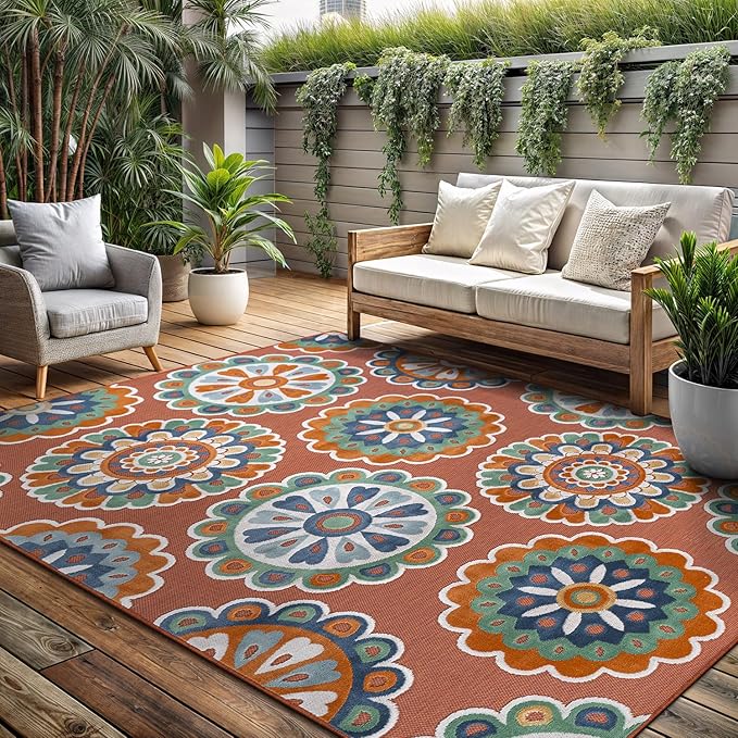 Outdoor Rug 5x7 Washable Area Rugs Indoor Outdoor Carpets Orange Bohemian Medallion Non Shedding Waterproof Easy Clean Patio Deck Porch Living Room Bedroom Garden RV (5 X 7 Orange)