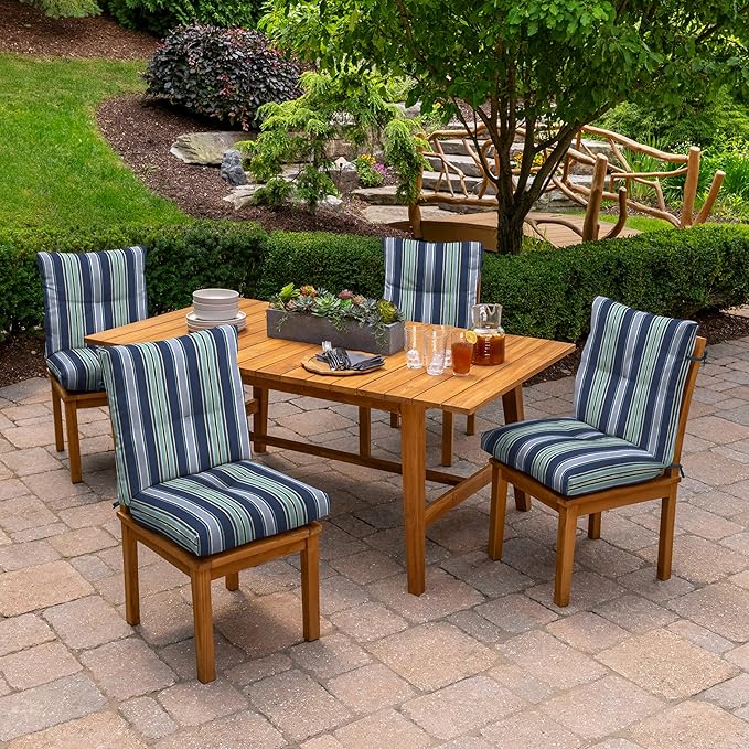 Arden Outdoor Plush Modern Tufted Blowfill Dining Chair Cushion, 21 x 40, Rain-Proof, Fade Resistant, Tufted Cushion for Dining and Bistro Chairs Sapphire Aurora Blue Stripe