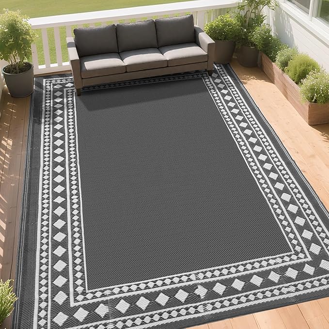 RURALITY Outdoor Rug 9x12 Waterproof for Patio Clearance,Large Plastic Straw Mat for Camping,Porch,RV,Grey and White