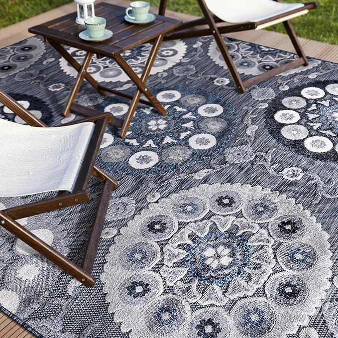 CAMILSON Indoor Outdoor Rug 6x9 Bohemian Medallion Floral Area Rugs for Indoor and Outdoor Patios Easy-Cleaning Non-Shedding Living Room Garden and Kitchen Washable Outside Carpet (6 x 9 / Navy)