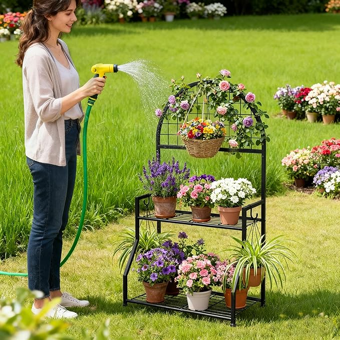 2 Tier Plant Stand Indoor Outdoor, Metal Plant Display Stand Plants Shelf Rack for Multiple Plants, Black Flower Plante Pots Holder for Patio Garden Balcony Living Room
