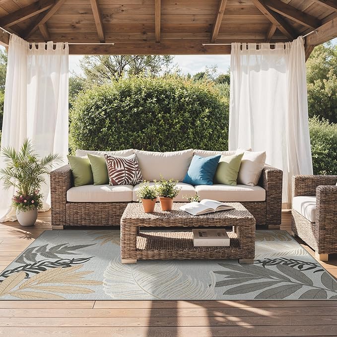 GENIMO Outdoor & Indoor Area Rug 8'x10', Waterproof, Non-Shedding, Easy Cleaning, Leaf Mat for Patio, Living Room, Balcony, Dining Room, RV, Deck, Bedroom, Camping, Outside Carpet, Sand Grey