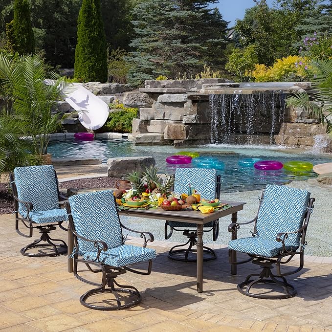 Arden 2-Pack Outdoor Patio Dining Chair Cushion, 20x44, Rain-Proof Seat Pad, Fade-Resistant Outdoor Cushion Amalfi Blue Tile