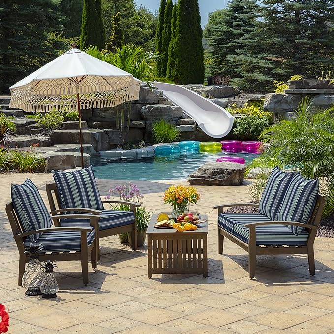 Arden Outdoor Foam Deep Seat Cushion Set, 24 in x 24 in, Weather-Proof, Rain-Proof, Fade Resistant Patio Cushion, Bottom and Back Cushion for Chair, Sofa, and Couch Sapphire Aurora Blue Stripe