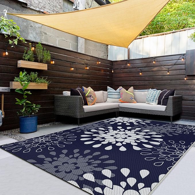 Wallona Outdoor Rugs 8x10 ft Patio Waterproof Clearance Indoor Outdoor Large Carpet for Patio Plastic Straw Reversible Area Rugs Mat for RV, Camping, Balcony, Beach, Picnic, Porch, Flower Blue & White