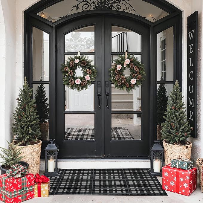 GENIMO Door Mat 28X44 Inch Buffalo Plaid Christmas Decor Rug Outdoor Geometric Checked Rugs, Washable Carpet for Front Porch, Kitchen, Farmhouse, Entryway Low Pile Doormat Black and White