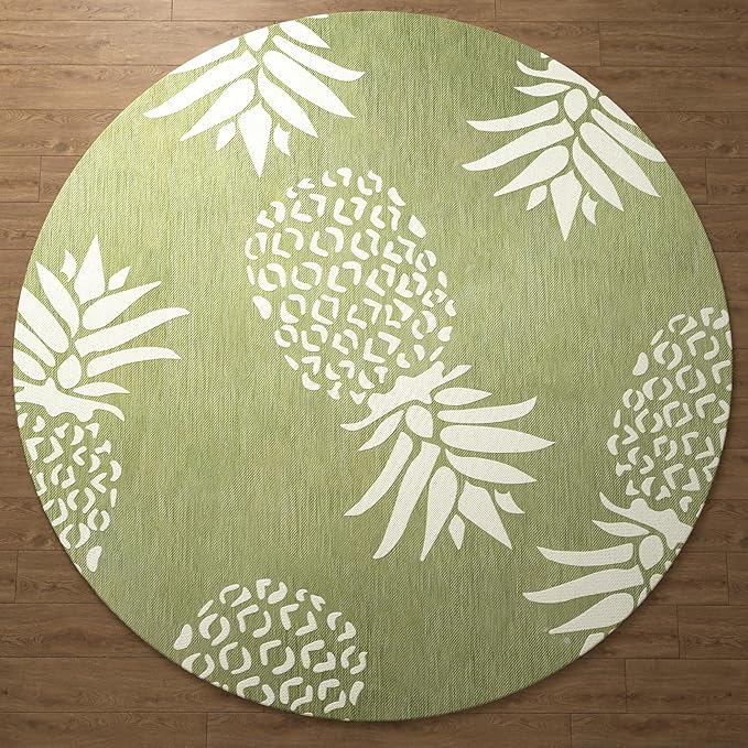 LR Home 8ft Round Indoor/Outdoor Area Rug for Home Decor | Coastal Pineapples Large Size Carpet for Living Room, Bedroom, Playroom, Patio, Garden | Tropical Farmhouse Rug | Dark Green/Beige