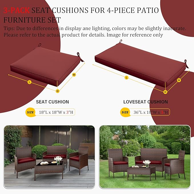 3 Pack Outdoor Replacement Cushions, Fit for 4-Seater Wicker Rattan Patio Conversation Set, 36x18x3,18x18x3, Liner & Cover