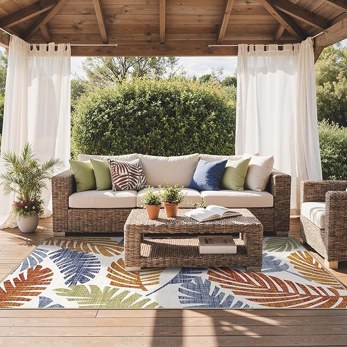 GENIMO Outdoor & Indoor Area Rug 9'x12', Waterproof, Non-Shedding, Easy Cleaning, Leaf Mat for Patio, Living Room, Balcony, Dining Room, RV, Deck, Bedroom, Camping, Outside Carpet, Rust Navy