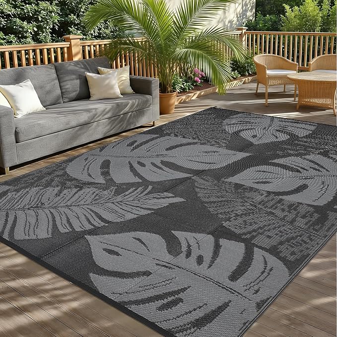 Outdoor Rug 8x10 Waterproof Patio Rugs Modern Leaf Print Reversible Mat for Front Door Rv Foldable Plastic Straw Carpet for Travel Trailers, Deck, Porch, Camper, Balcony, Beach，Black/Grey