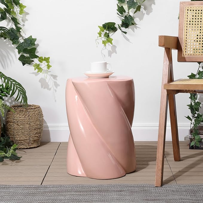 JONATHAN Y TBL1036B Yves 18" Modern Minimalist Rope Twist Ceramic Indoor/Outdoor Garden Stool, Bohemian, Coastal, Cottage, Traditional, Spill-Proof, Living Room, Garden Room, Patio, Pink