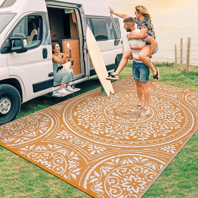 9x12 Outdoor Rug Waterproof Foldable Plastic Straw Carpet for Patio Porch Boho Floral Reversible Mat Lightweight Floor Mat for Picnic, Backyard, Rv, Beach, Deck, Camper, Balcony，Orange