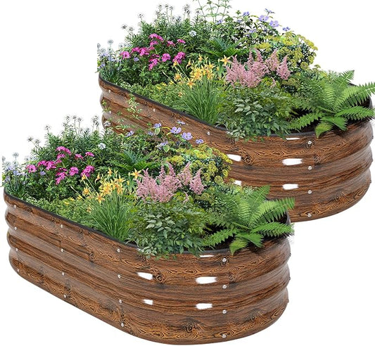 Galvanized Raised Garden Bed - 4×2×1ft (2 Packs) Planter Raised Beds for Gardening | Oval Metal Garden Planter Box with Safety Edging and Gloves for Vegetables Fruits and Flower - Grain