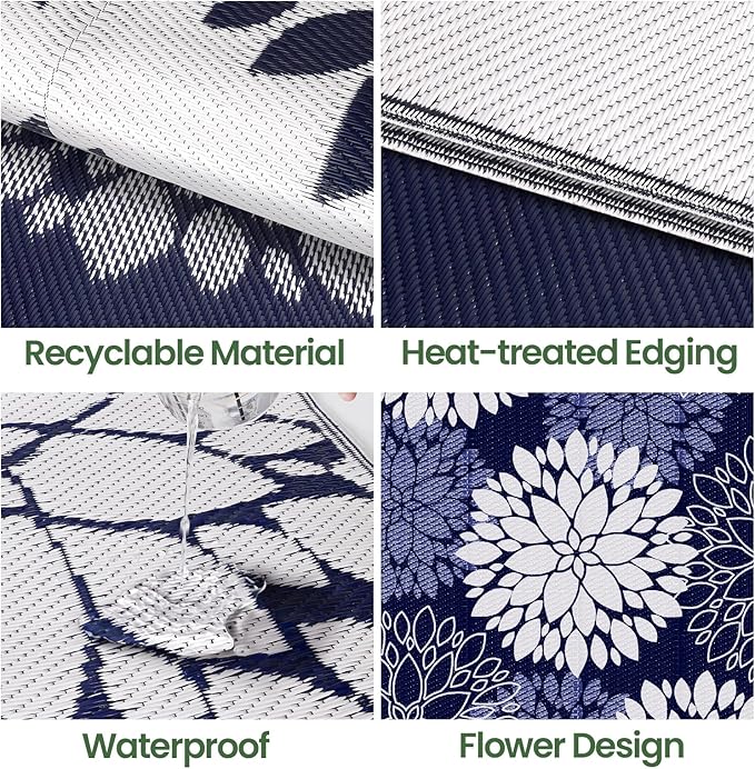 LuxStep Outdoor Rug Waterproof Outdoor Plastic Straw Rug Reversible Patio Rug Mat Outdoor Decor Large Area Mats for RV, Picnic, Backyard, Deck, Balcony, Porch, Beach, Camping, 8' x 10' Blue