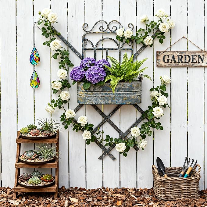 Vintage Rustic Wall Planter Distressed Grey Decor Iron Hanging Plant Basket Shabby Metal Wall Mounted Flower Holder Pot Stand for Indoor Outdoor Home Balcony Patio Farmhouse Garden Decorative Blue