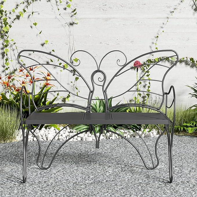 Outdoor Bench Patio Outdoor Garden Bench with Built-in Table, Butterfly Bench for Outside, 3 People Outdoor Bench Garden Bench Front Porch Furniture (Black, 49.2inch)