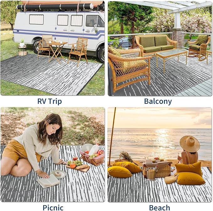 9x12 Outdoor Rug Waterproof Foldable Plastic Straw Carpet for Patio Porch Abstarct Line Reversible Mat Lightweight Floor Mat for Picnic, Backyard, Rv, Beach, Deck, Camper, Balcony，Grey