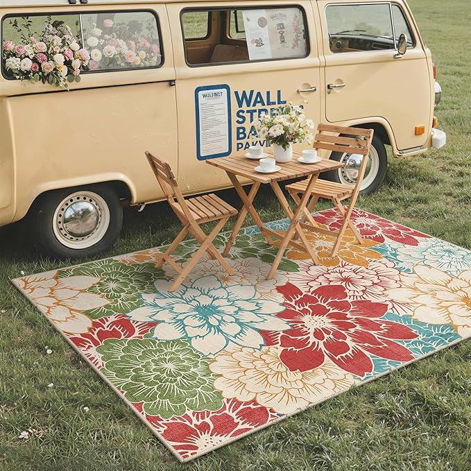 GENIMO Indoor Outdoor Area Rug 8'x10', Machine Washable Rugs for Patio, Waterproof, Non-Slip Easy Cleaning Floral Outdoor Mat Carpet for Living Room, Bedroom, RV, Balcony, Deck, Camping, Red