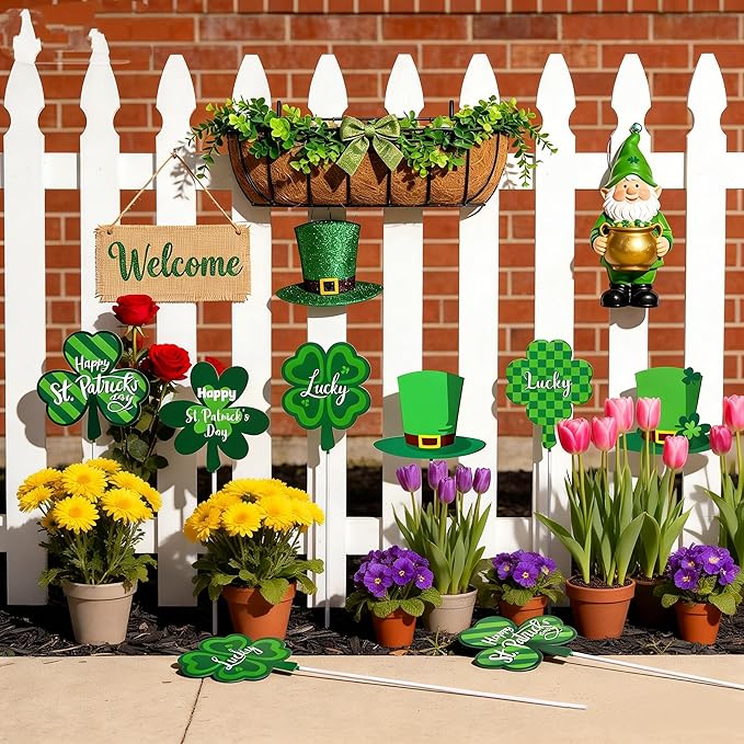 6 Pcs St. Patrick's Day Outdoor Decorations, Metal Shamrock Decorative Garden Stakes Yard Signs Perfect for Garden Lawns, Porches, Potted Plants and St. Patrick's Day Party Decor
