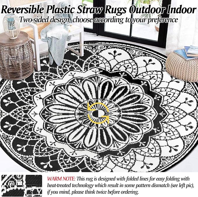 Cekene Round Outdoor Rugs Waterproof 8Ft Reversible Outdoor Patio Rugs Portable RV Camping Mats Lightweight Plastic Straw Rugs Outdoor Area Rug for Patio Picnic Beach BBQ, Black/Camel