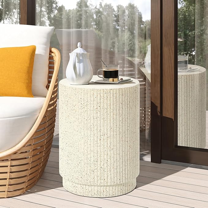 LuxenHome Cream Cement Round Outdoor Side Table, Set of 2