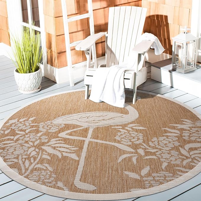 LR Home 8ft Round Indoor/Outdoor Area Rug for Home Decor | Flamingo Carpet for Living Room, Bedroom, Playroom, Patio, Garden | Tropical Farmhouse Rug | Beige/Tan